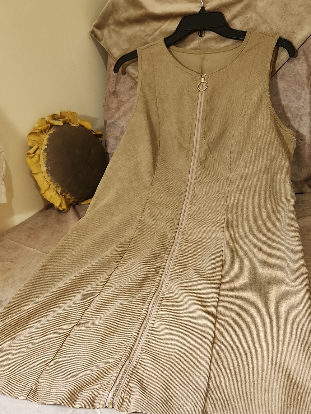 Sleeveless Beige Corduroy A-Line Dress with Full Front Zip